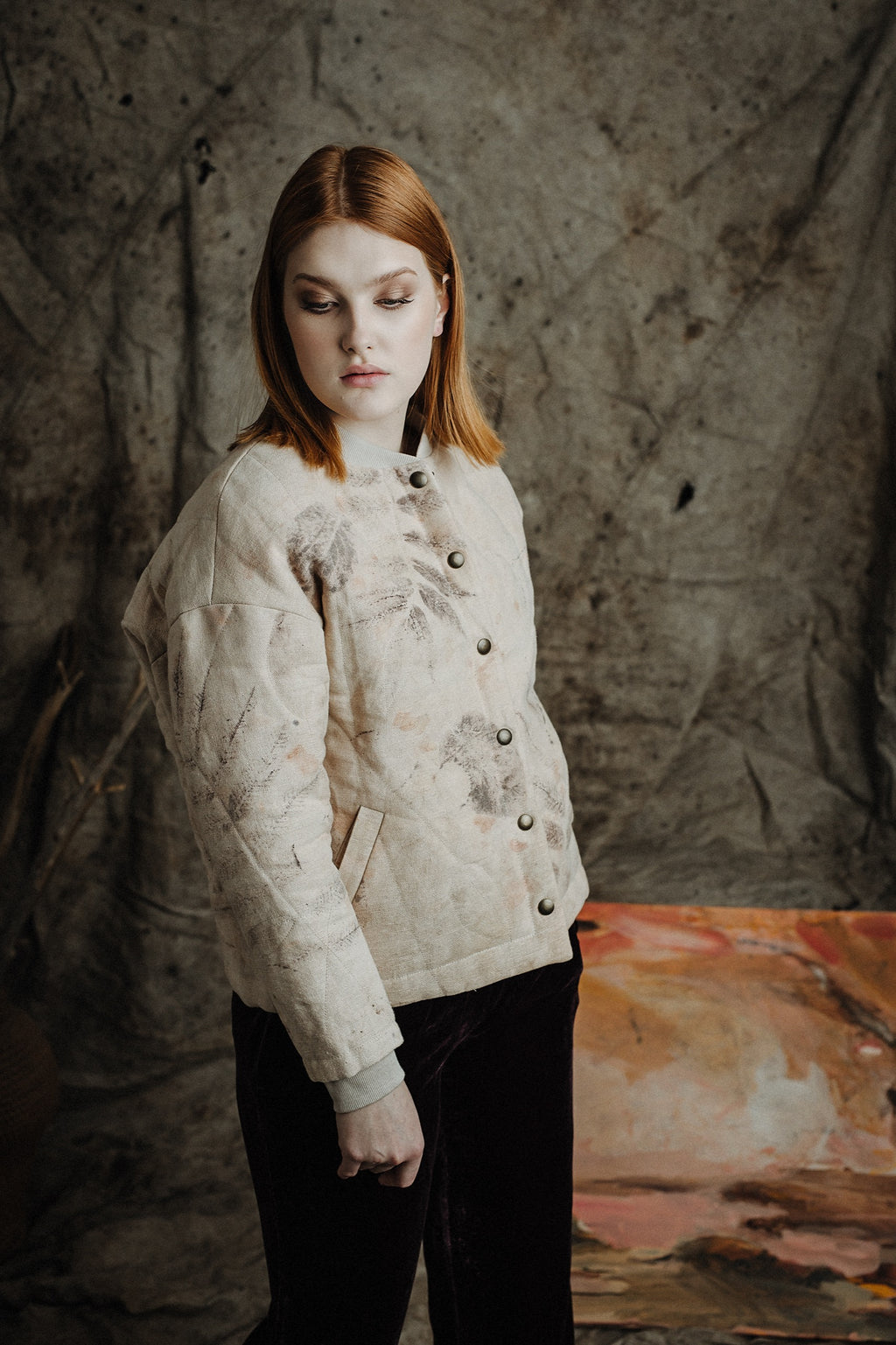 Botanical-Dyed Linen Quilted Bomber Jacket