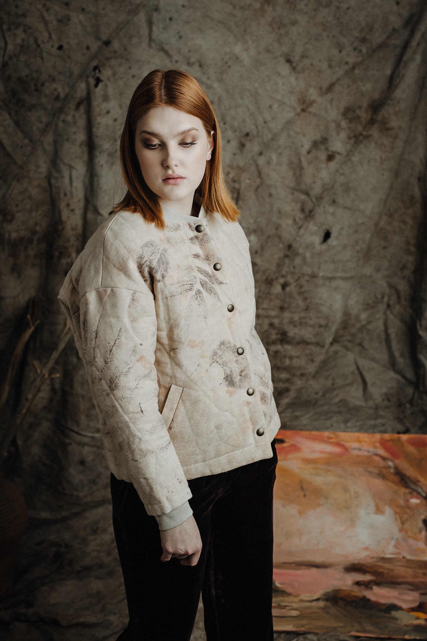 Botanical-Dyed Linen Quilted Bomber Jacket