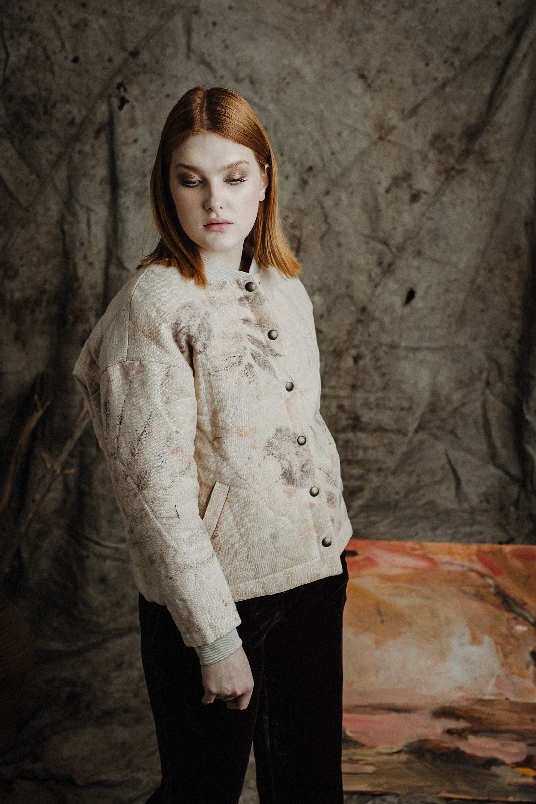 Botanical-Dyed Linen Quilted Bomber Jacket