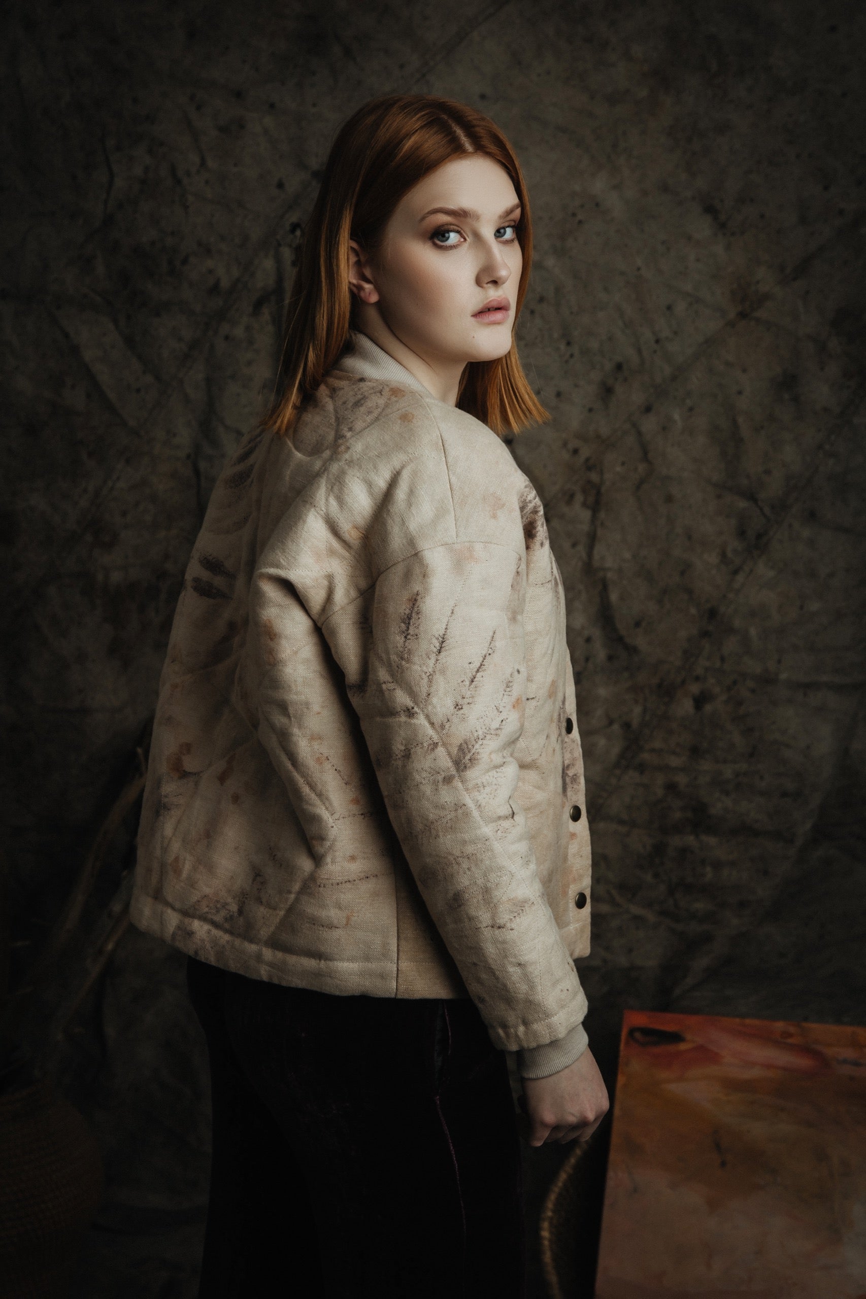 Botanical-Dyed Linen Quilted Bomber Jacket