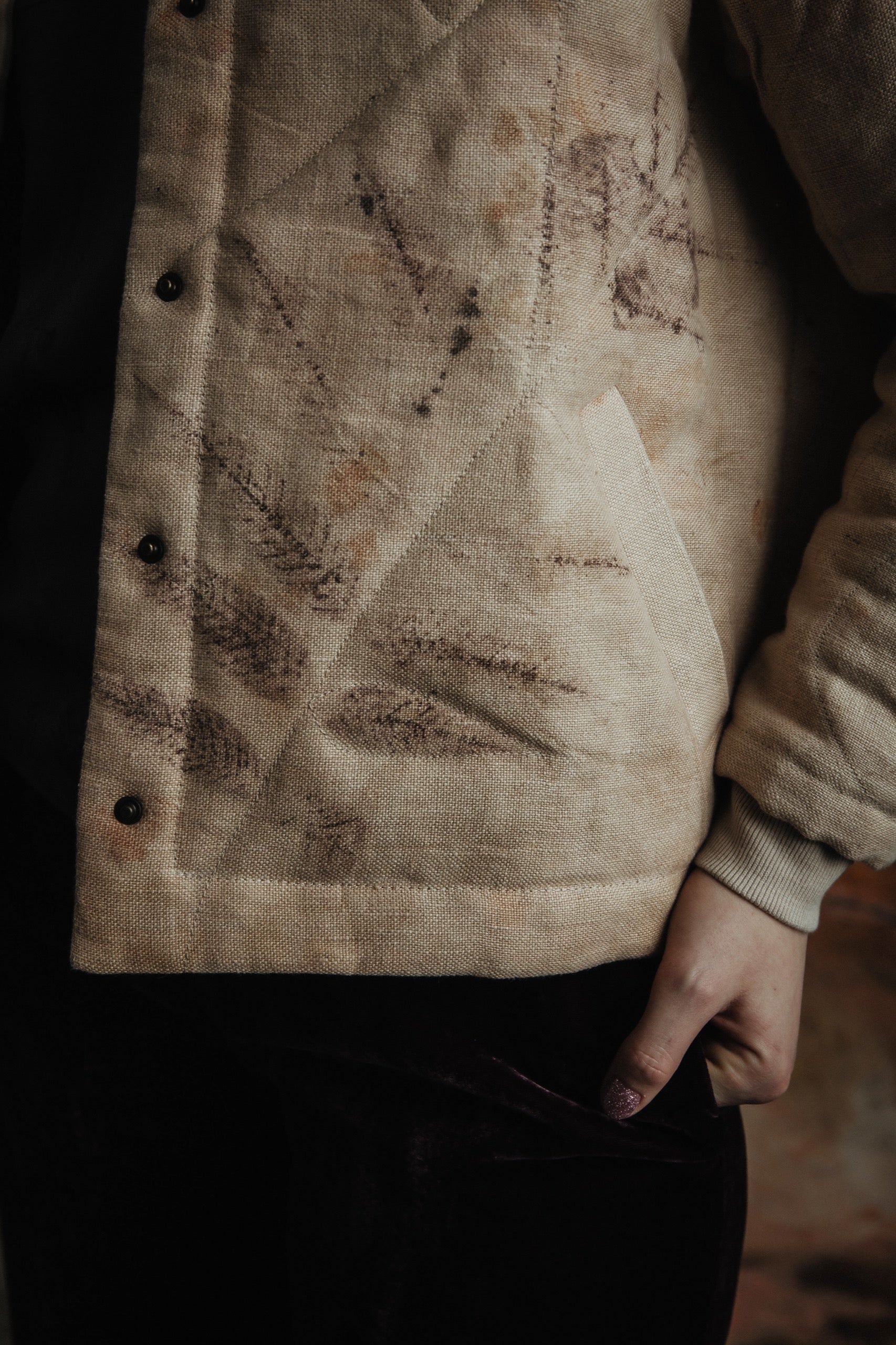 Botanical-Dyed Linen Quilted Bomber Jacket