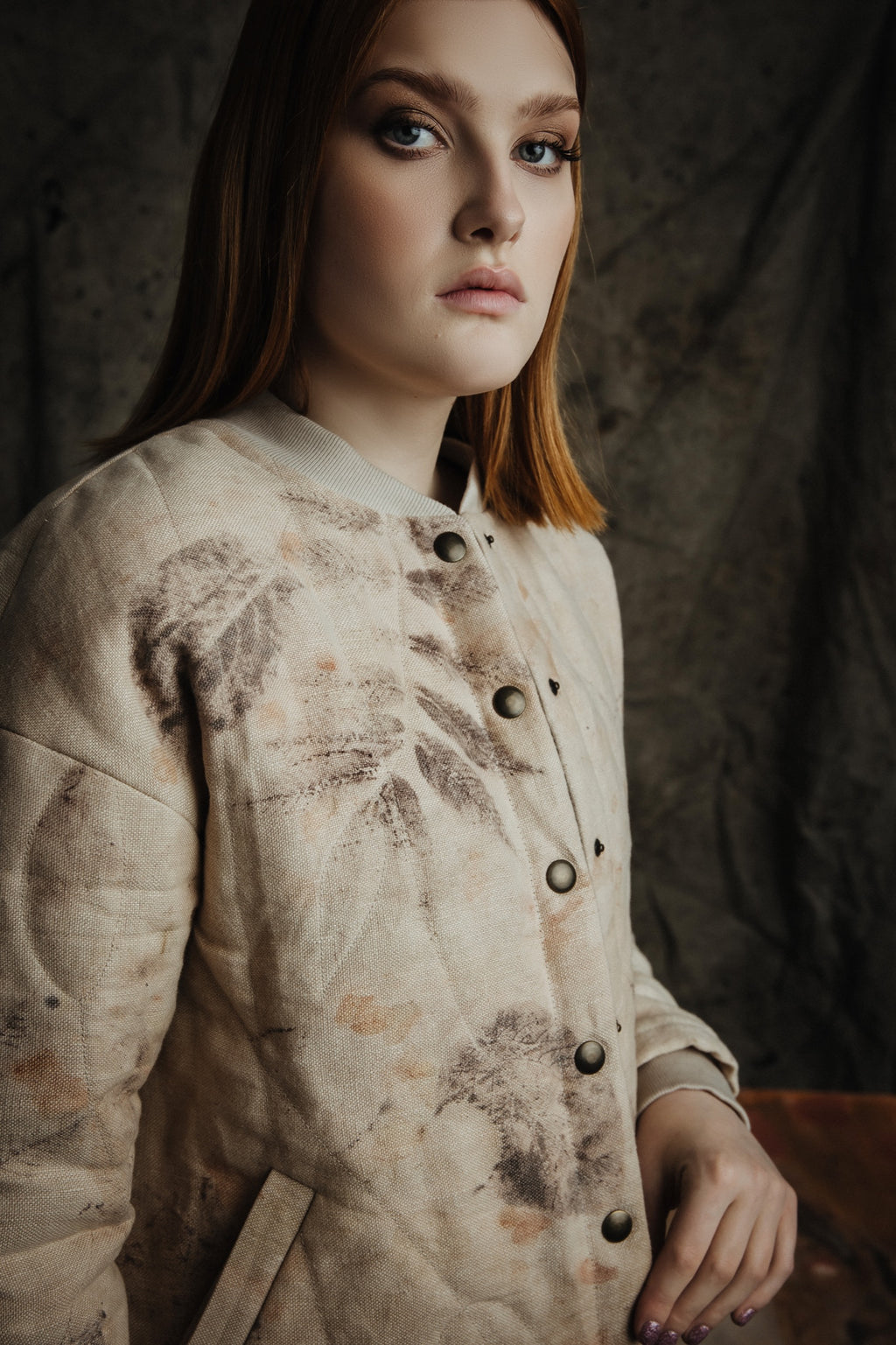 Botanical-Dyed Linen Quilted Bomber Jacket