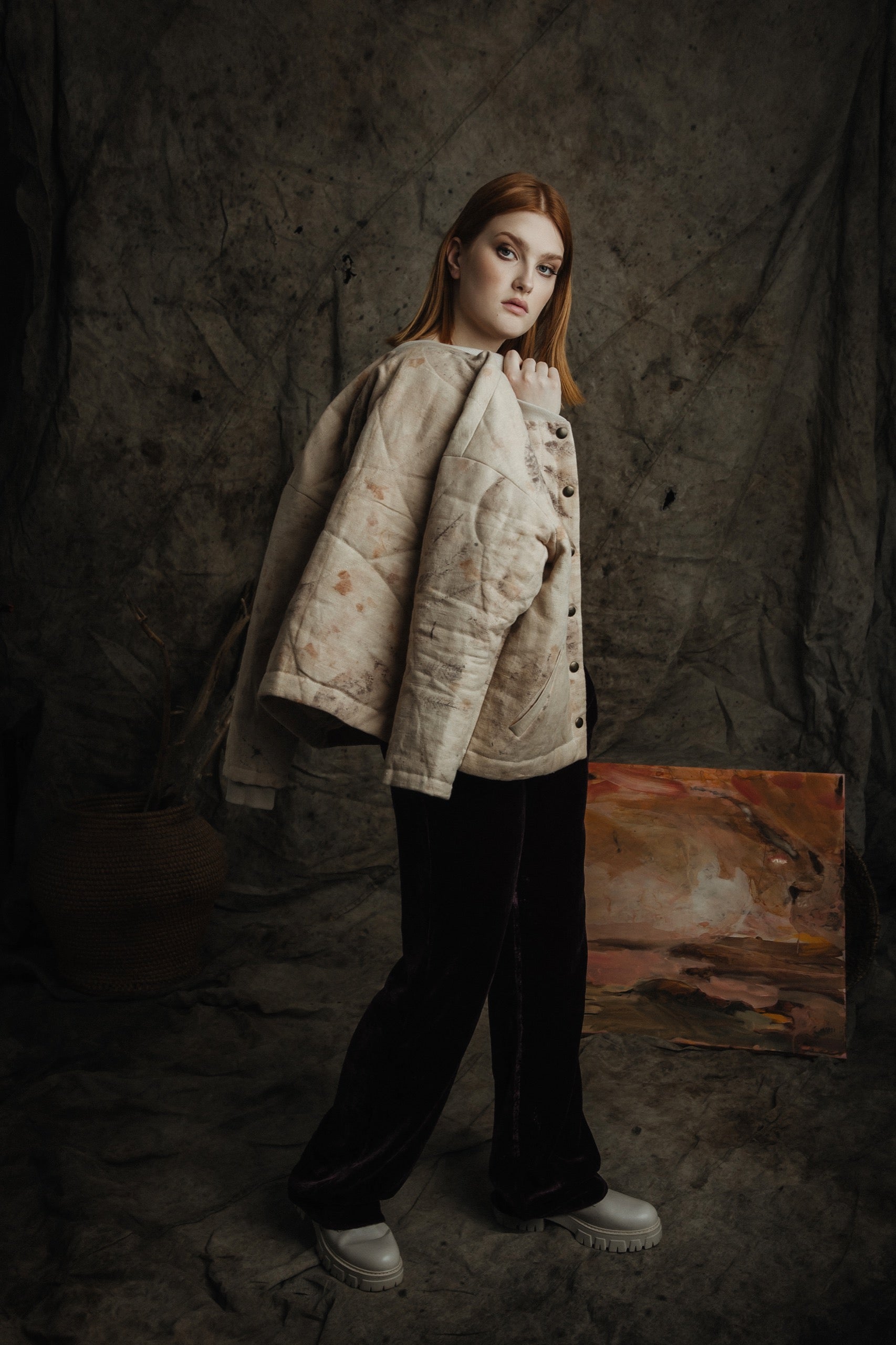 Botanical-Dyed Linen Quilted Bomber Jacket