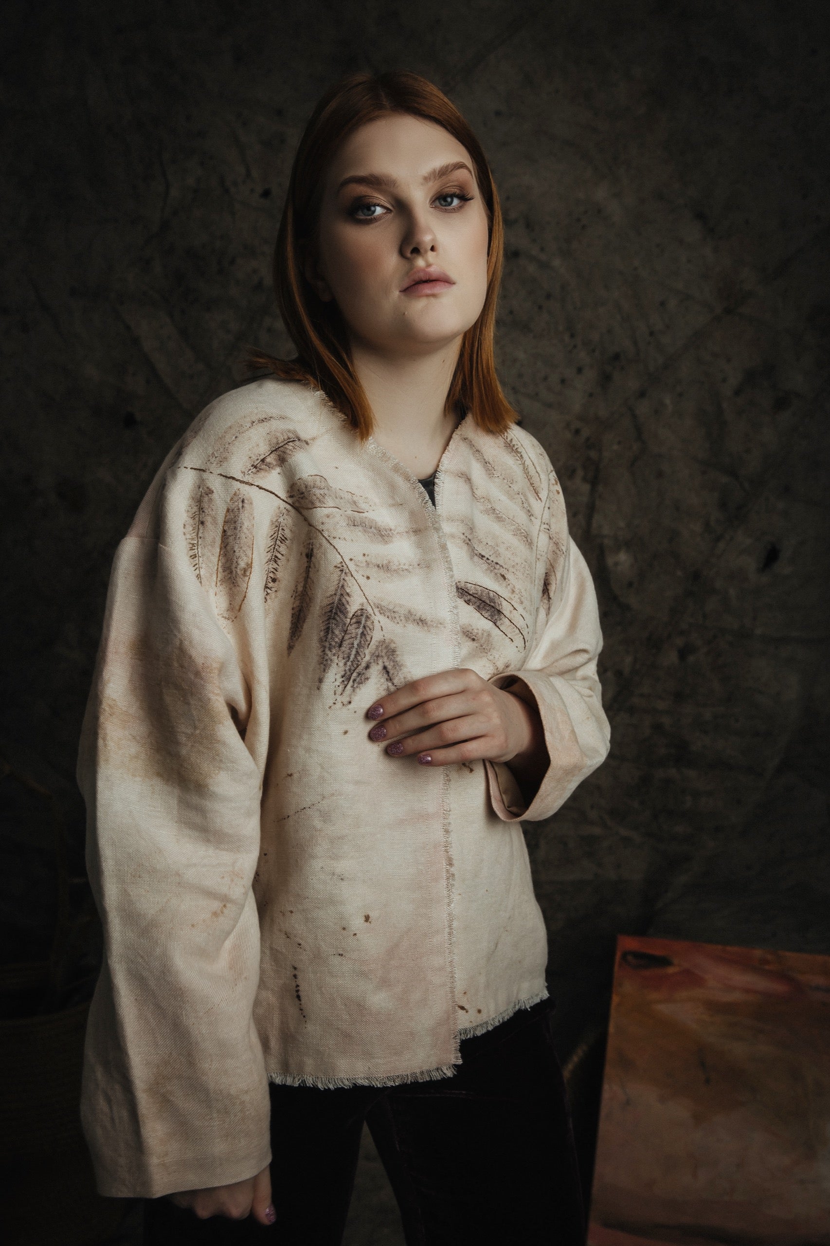 Botanical-Dyed Linen Oversize Jacket with Embroidery