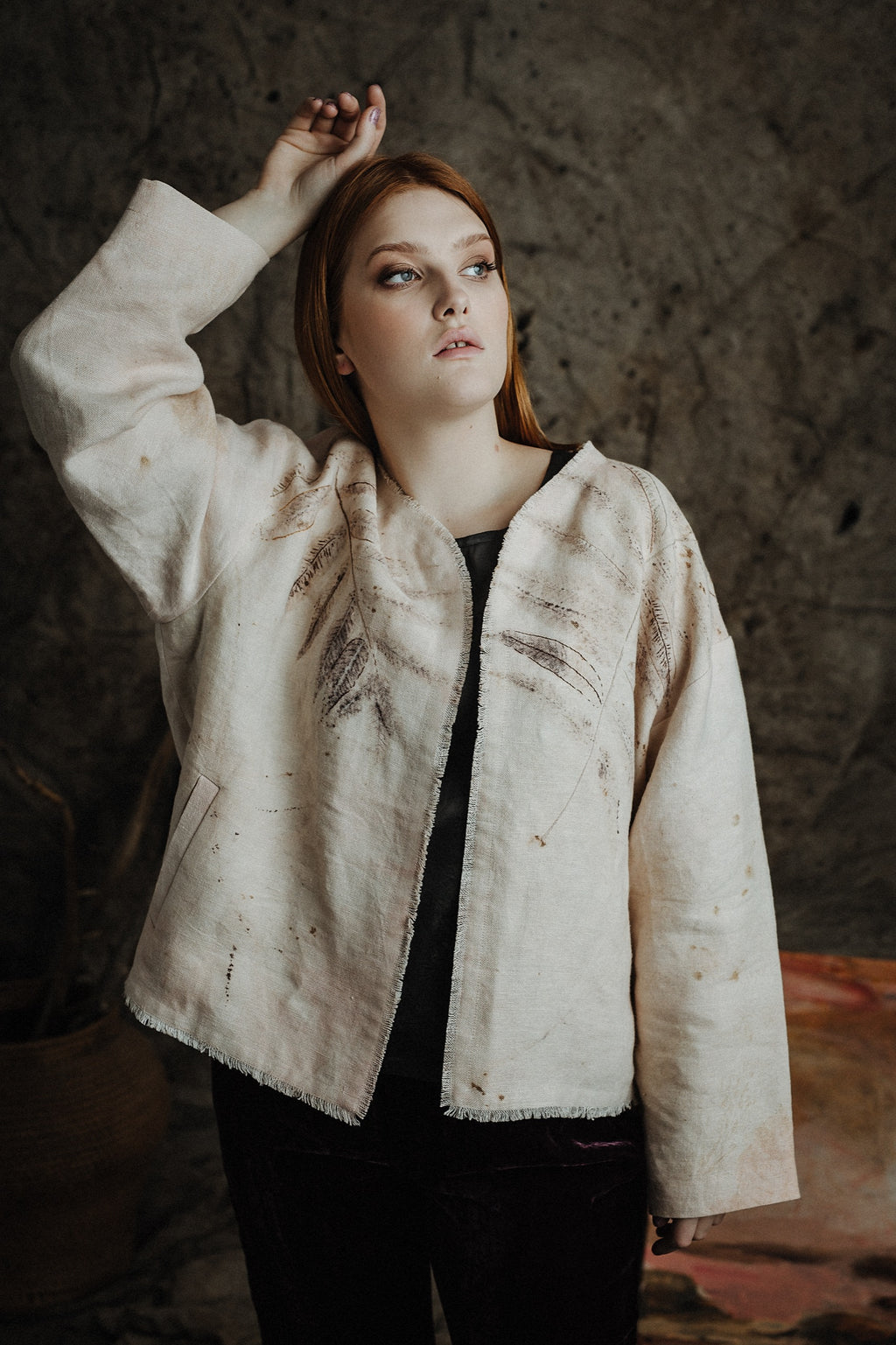 Botanical-Dyed Linen Oversize Jacket with Embroidery