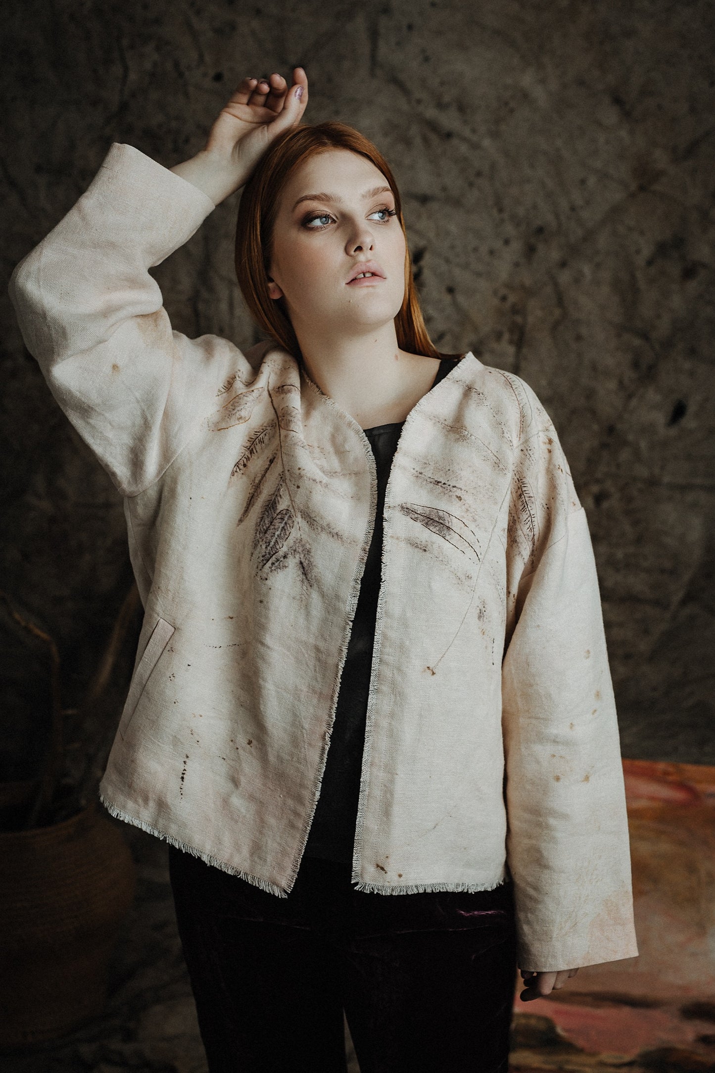 Botanical-Dyed Linen Oversize Jacket with Embroidery