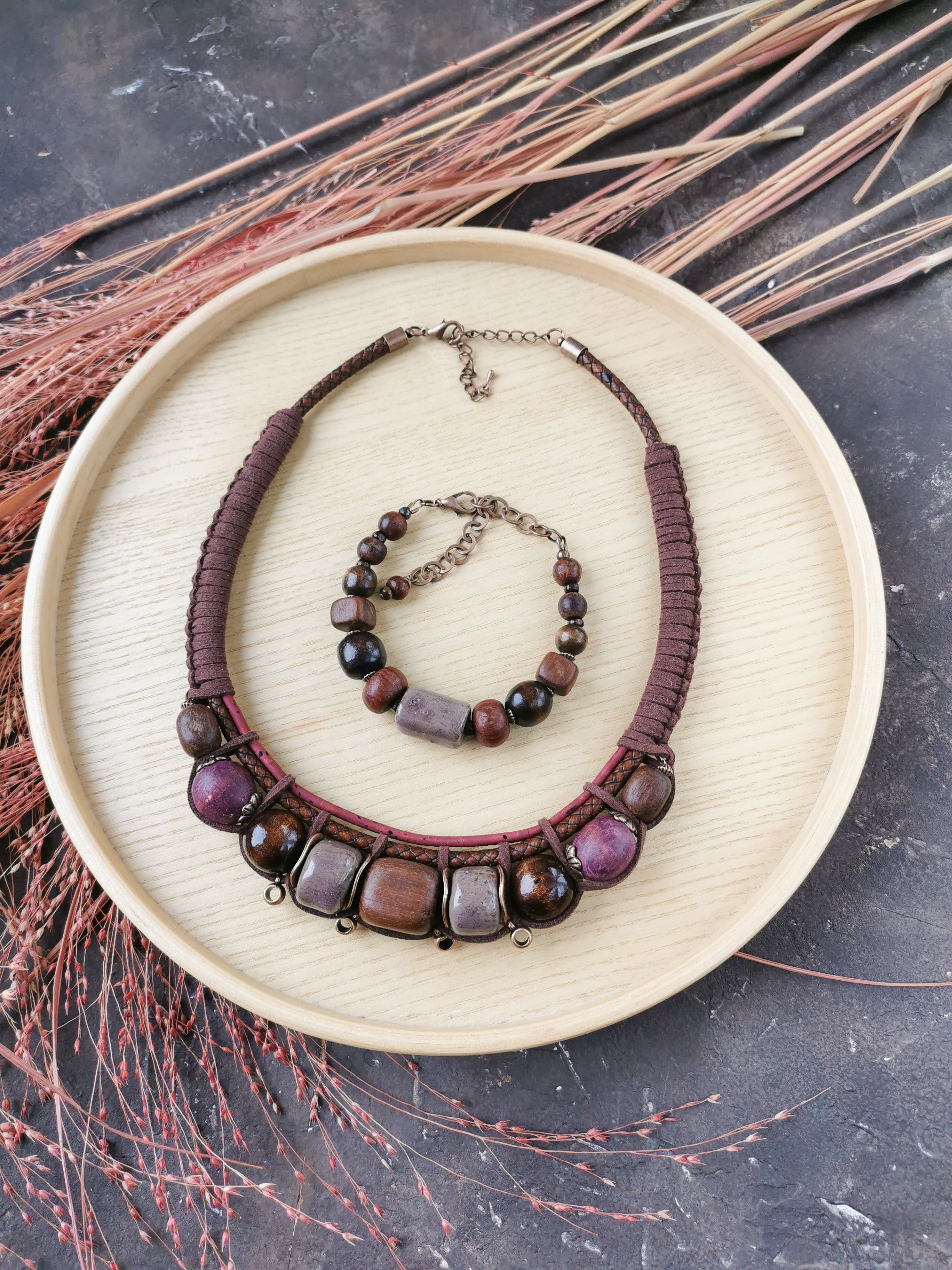 Chunky boho necklace with bracelet
