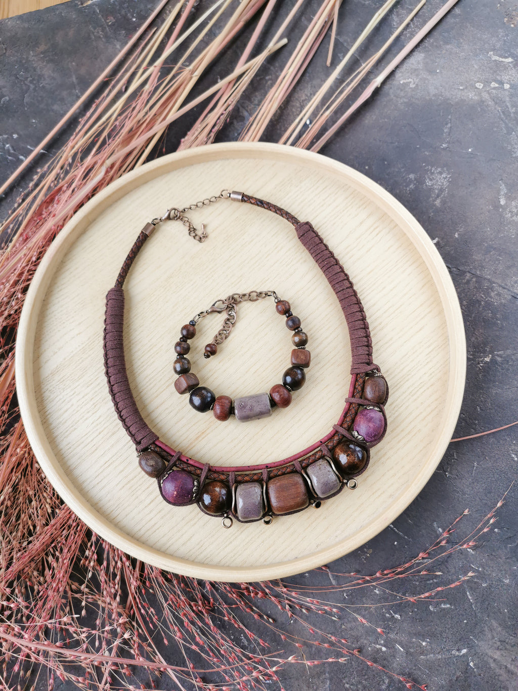 Chunky boho necklace with bracelet