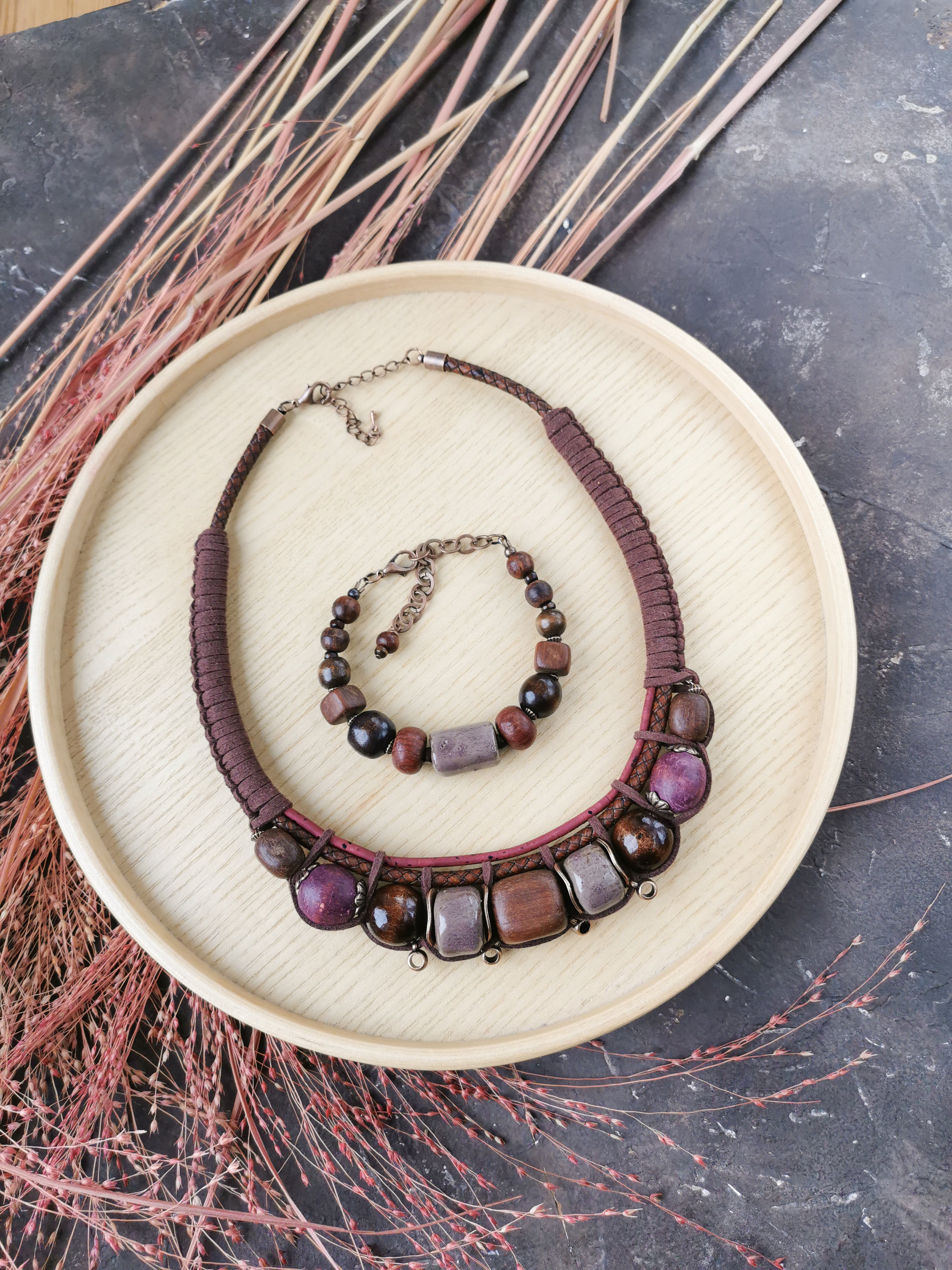 Chunky boho necklace with bracelet