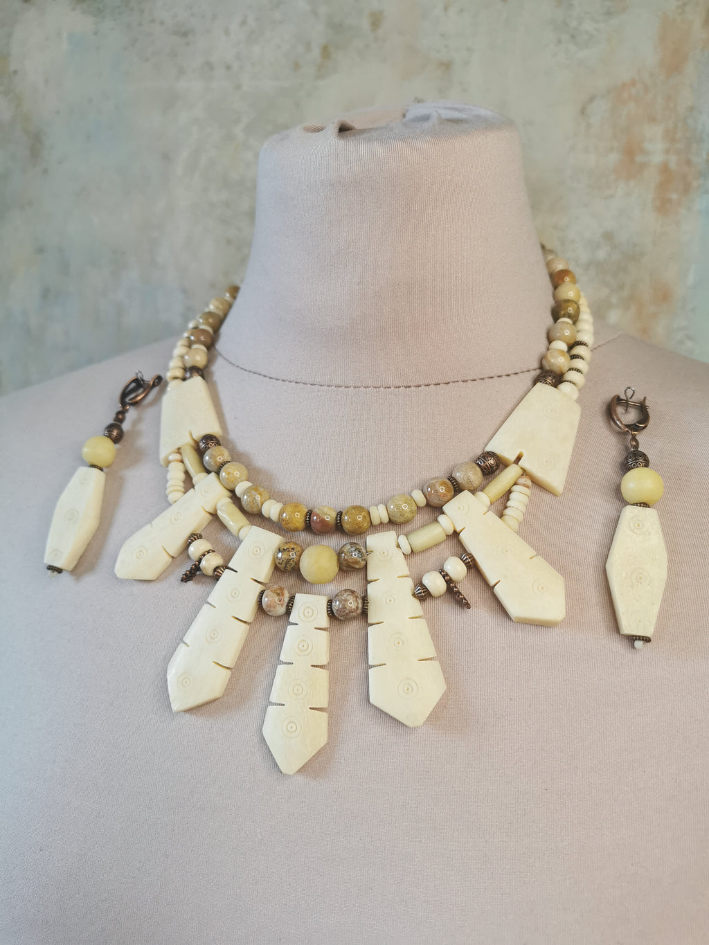 Bone Bead Statement Necklace with Earrings