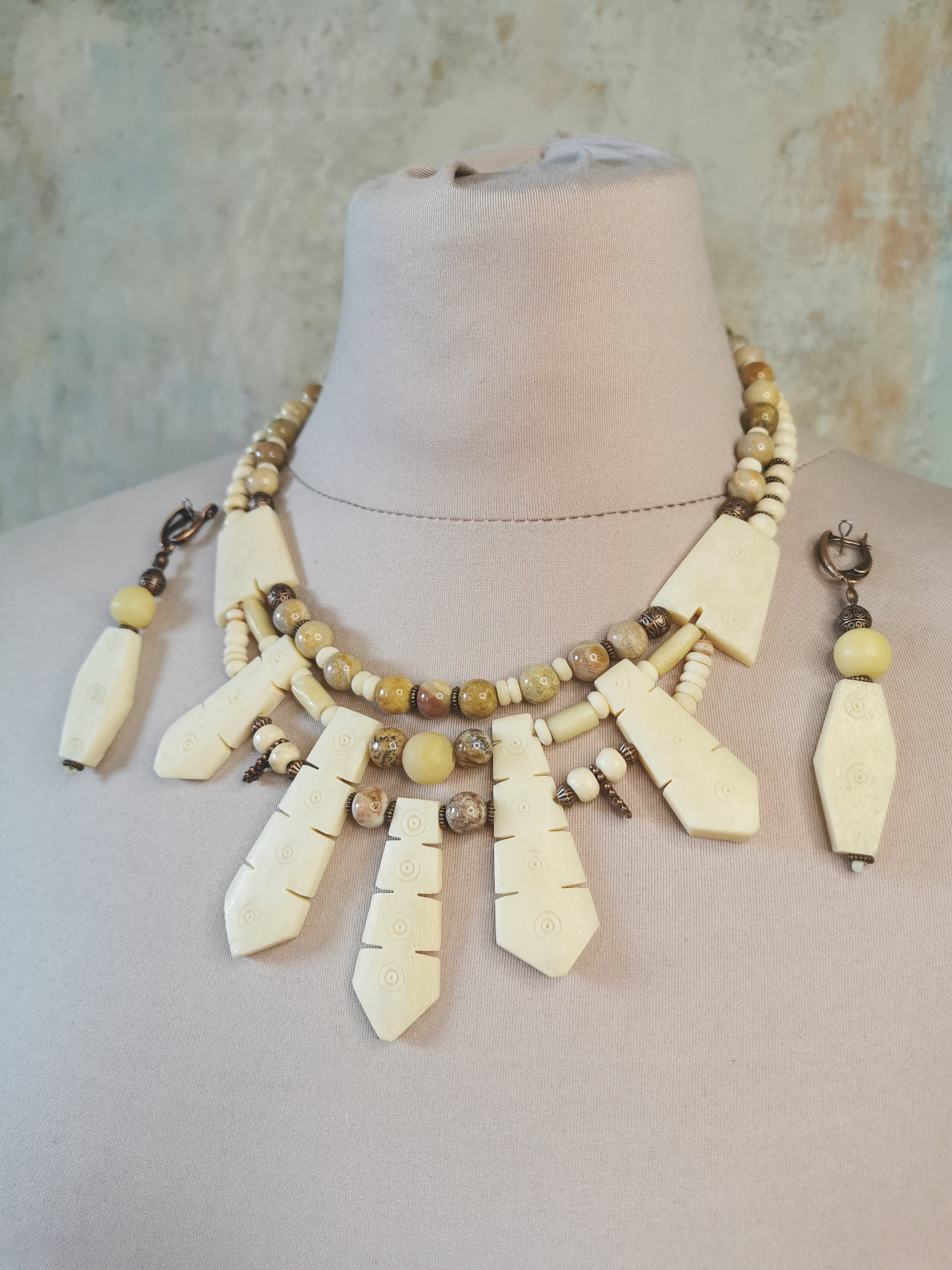 Bone Bead Statement Necklace with Earrings