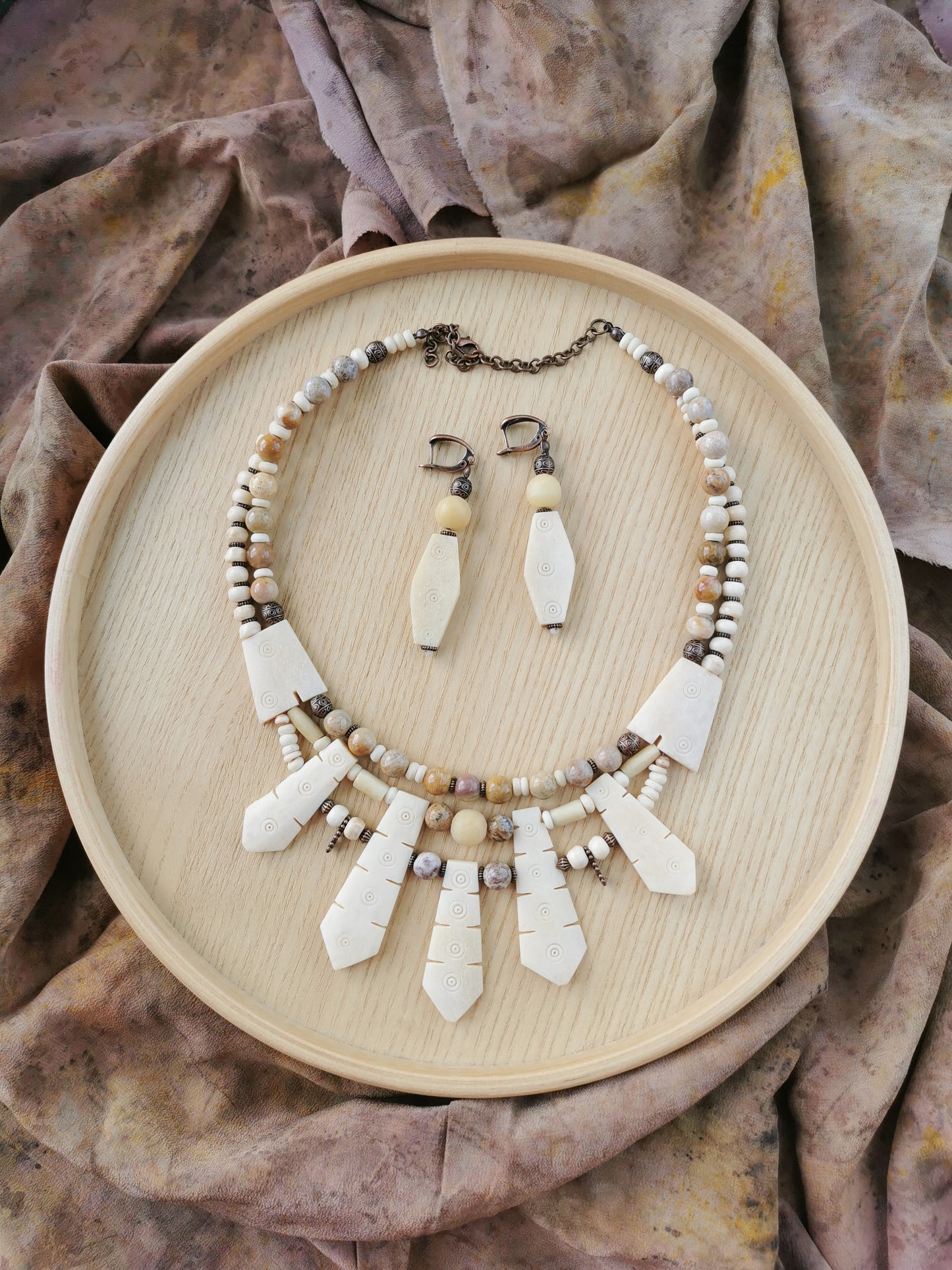 Bone Bead Statement Necklace with Earrings