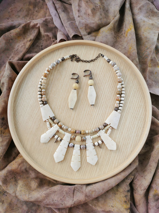 Bone Bead Statement Necklace with Earrings