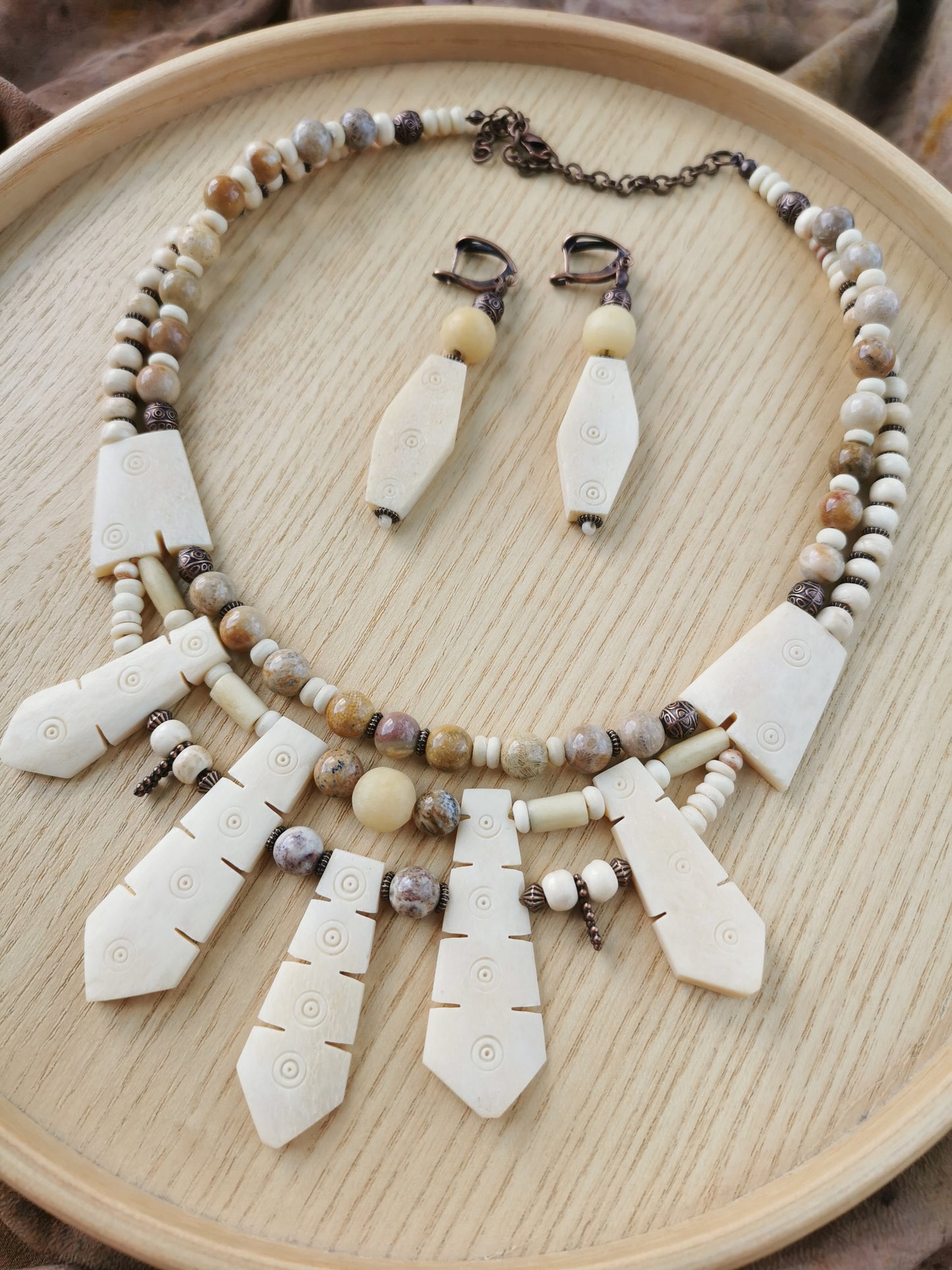 Bone Bead Statement Necklace with Earrings