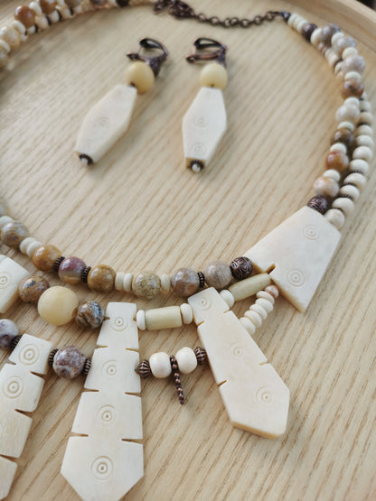 Bone Bead Statement Necklace with Earrings