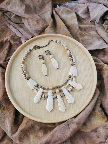 Bone Bead Statement Necklace with Earrings