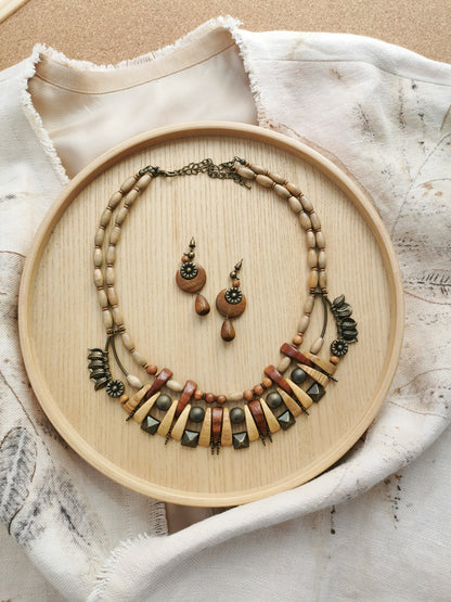Etno Wood Bead Necklace with Earrings