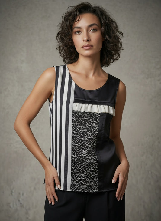 women wearing black and white colour block silk tank top