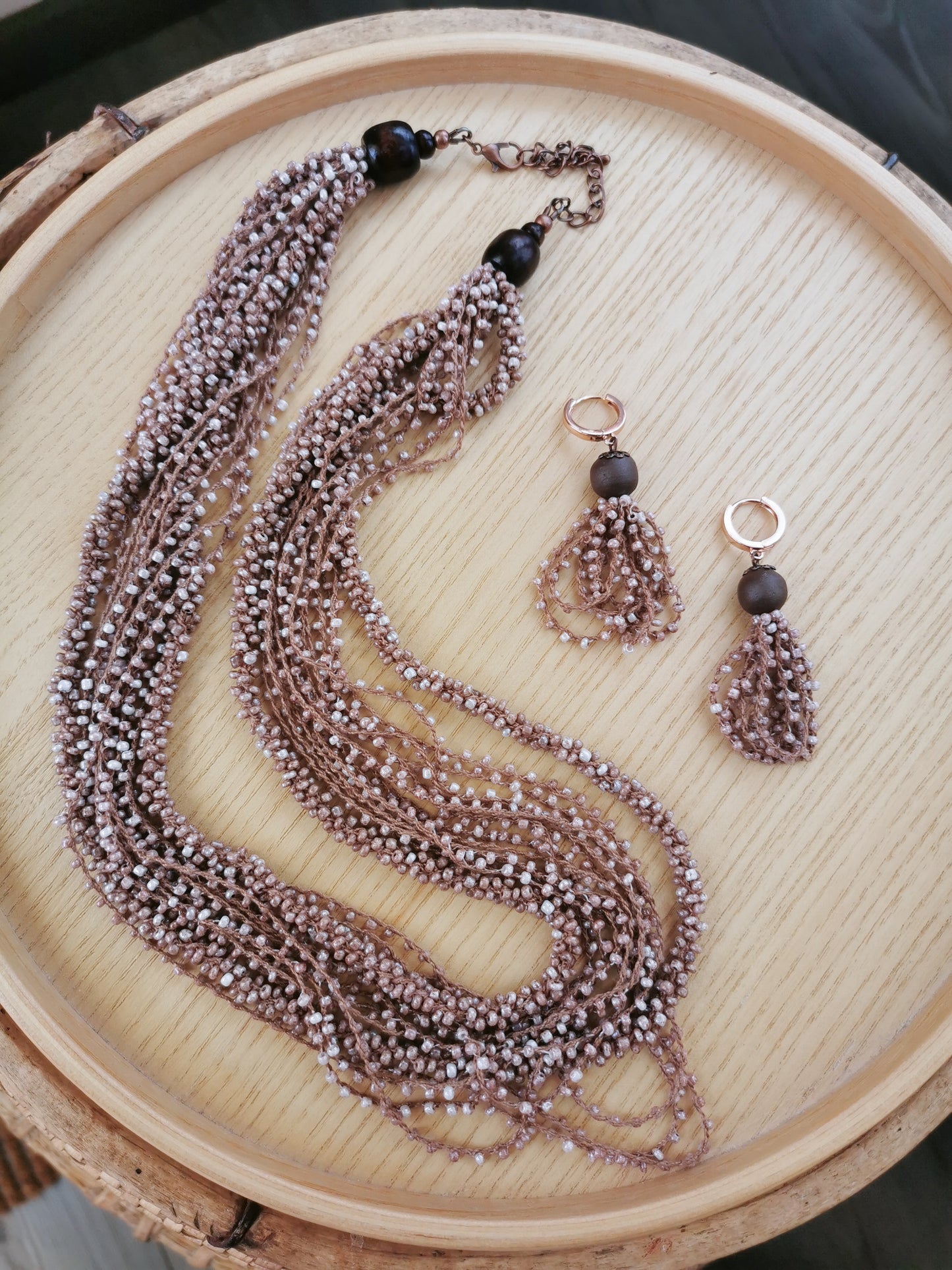 beige seed bead strand necklace and earrings
