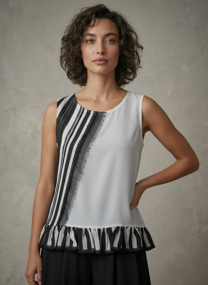 women wearing black and white striped silk tank top