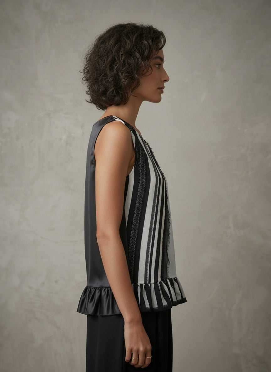 women wearing black and white striped silk tank top