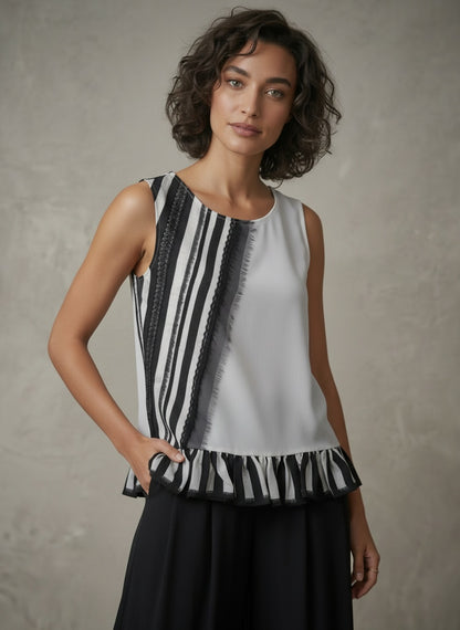 women wearing black and white striped silk tank top