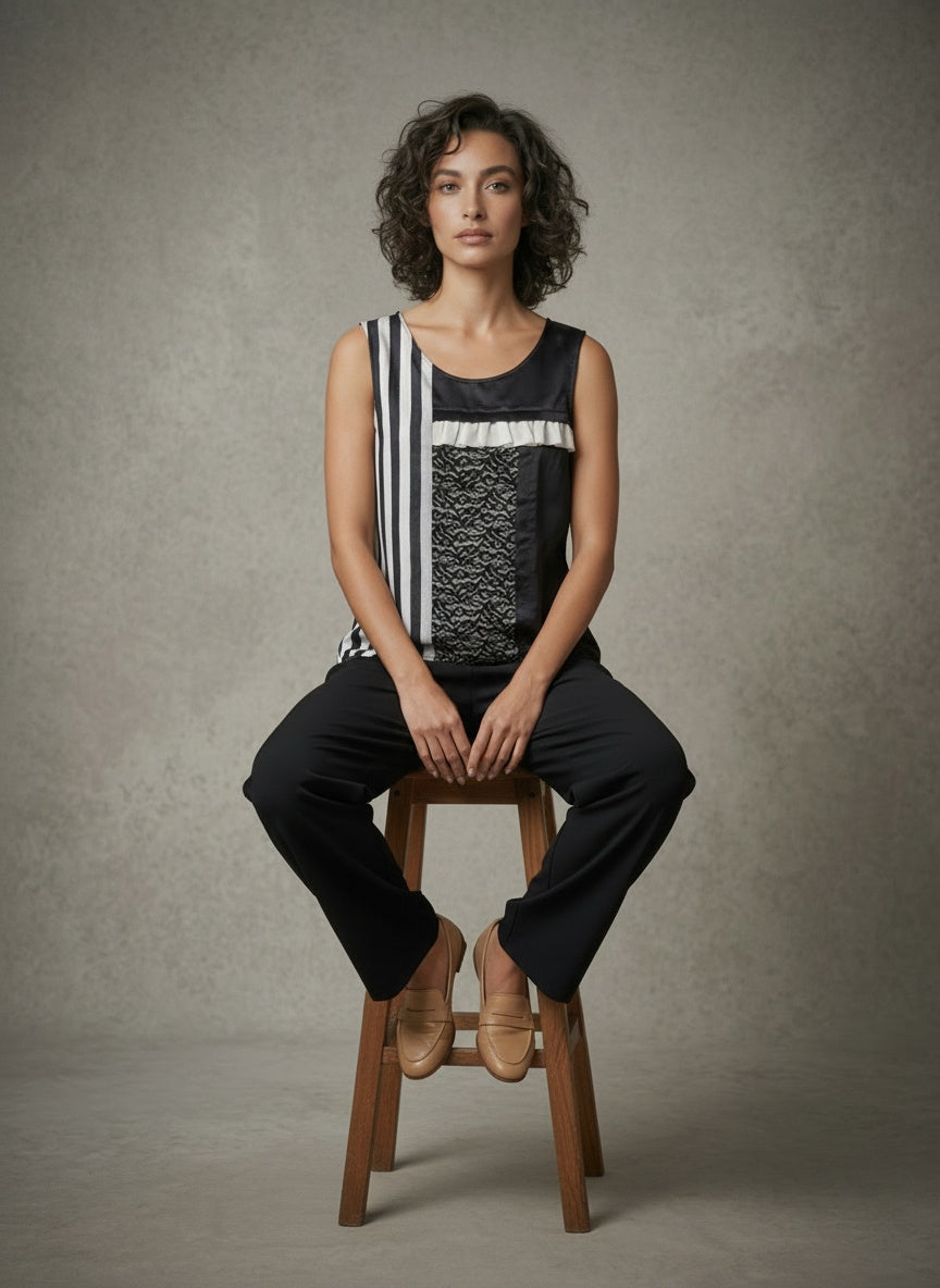women wearing black and white colour block silk tank top