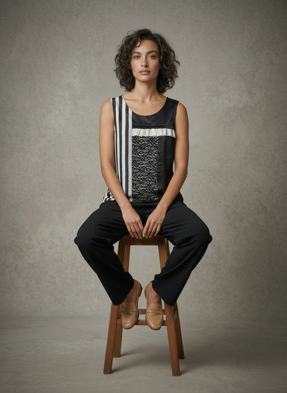 women wearing black and white colour block silk tank top