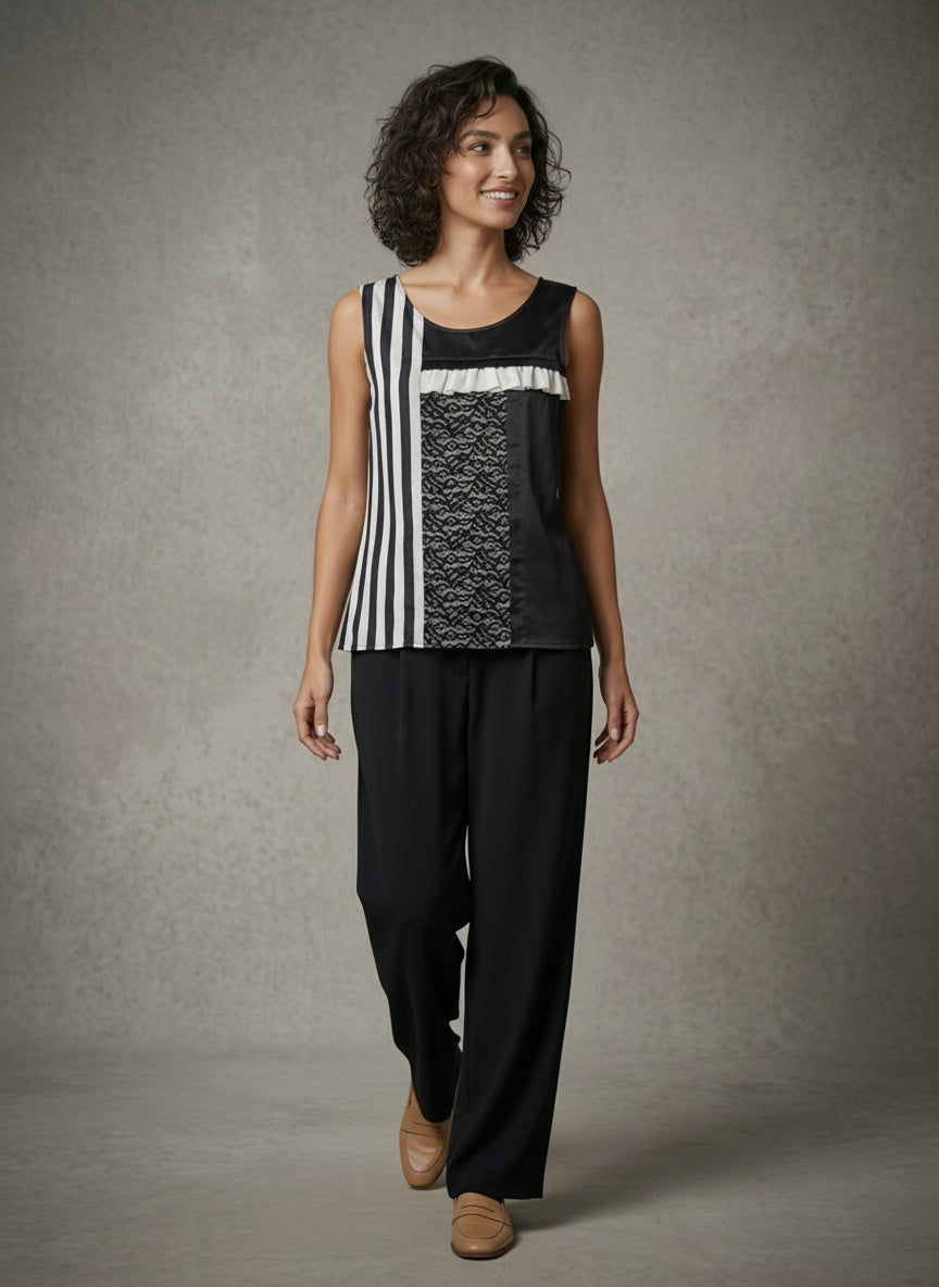 women wearing black and white colour block silk tank top