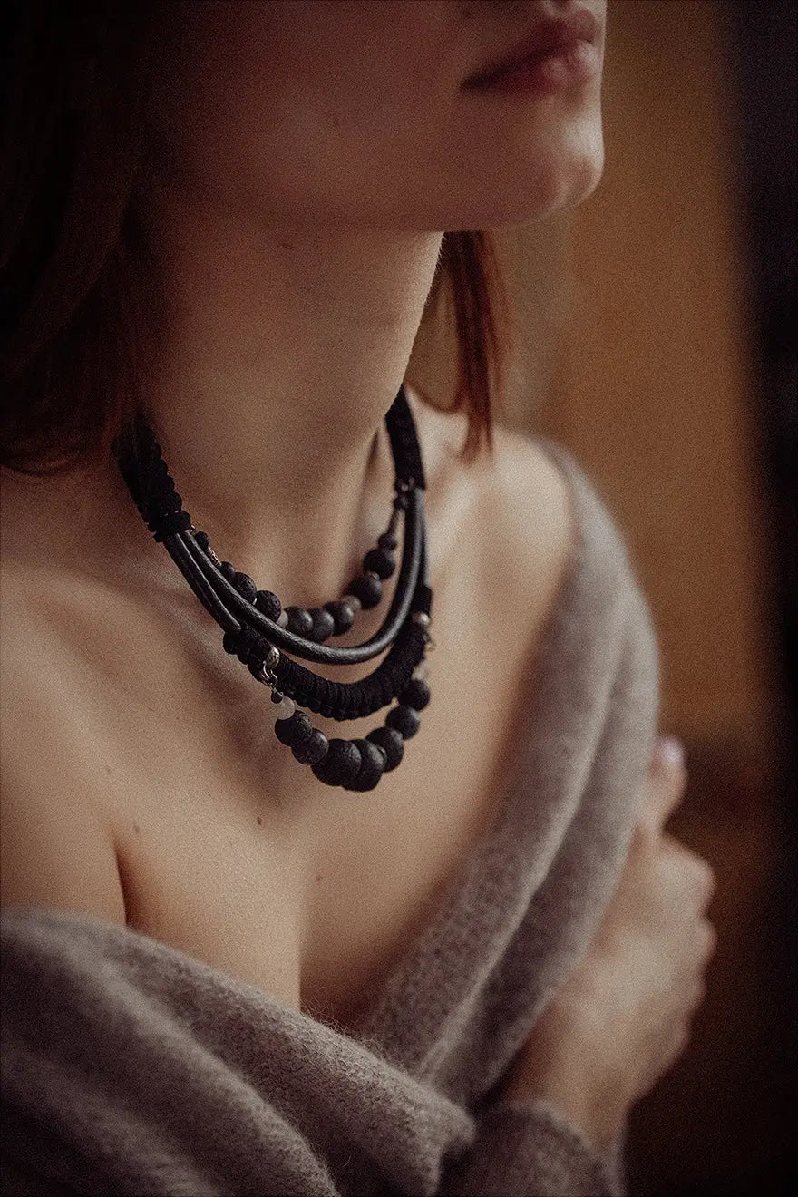 Black labradorite bead and leather bib necklace Vika Studio