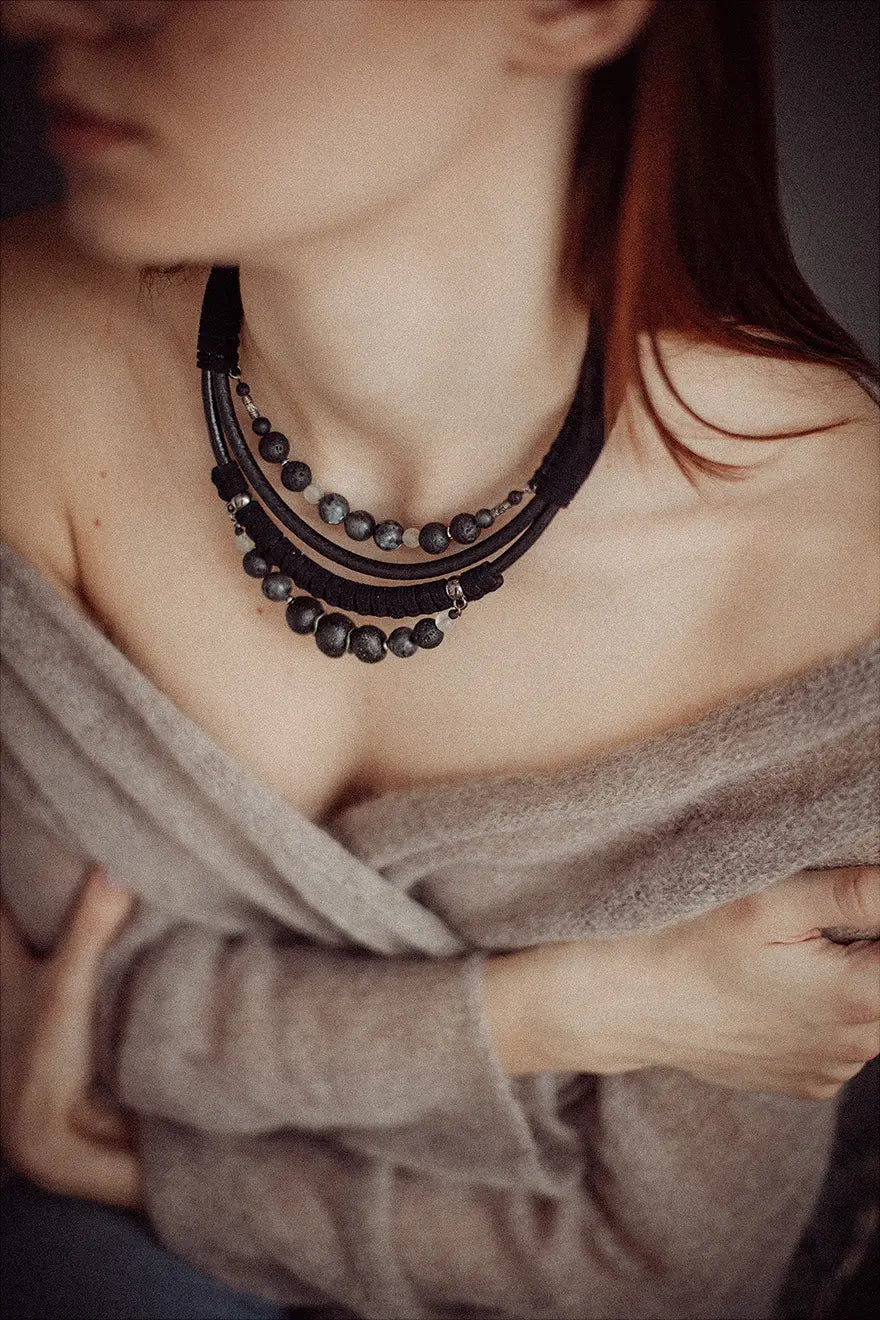 Black labradorite bead and leather bib necklace Vika Studio