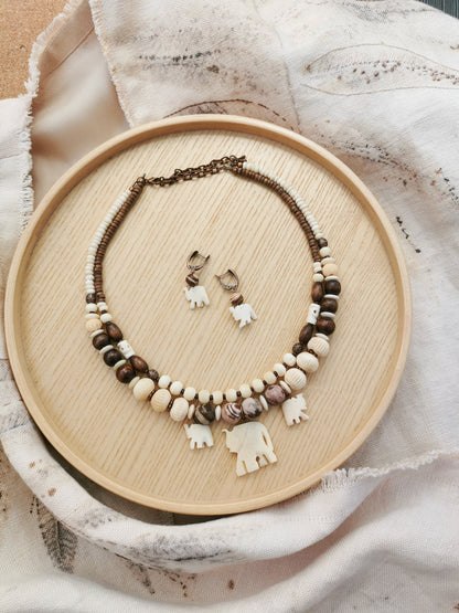 Bone bead jewelry set with elephant charms. Vika Studio