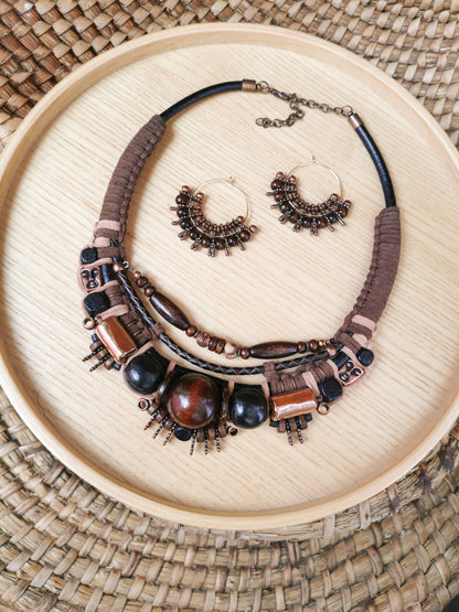 Necklace and earrings set on a woven surface