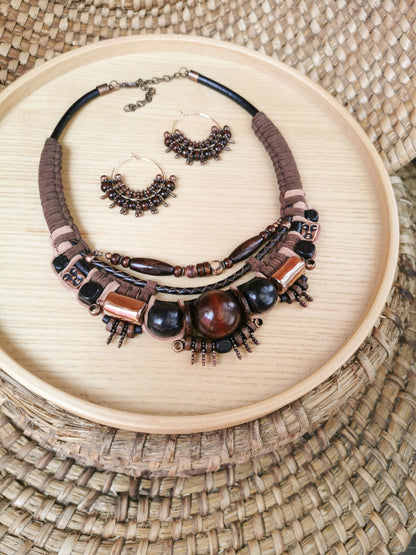 Necklace and earrings set on a woven surface