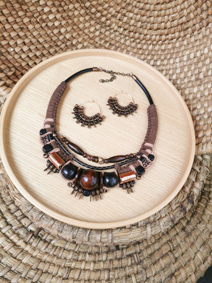 Necklace with brown and black beads on a woven surface