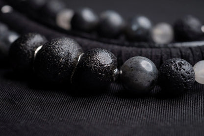 Black labradorite bead and leather bib necklace Vika Studio