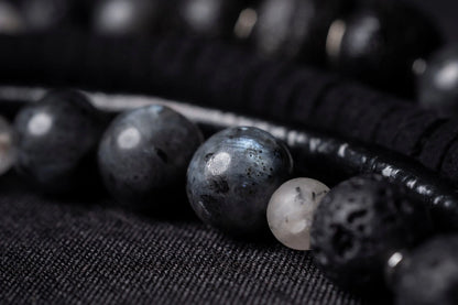 Black labradorite bead and leather bib necklace Vika Studio