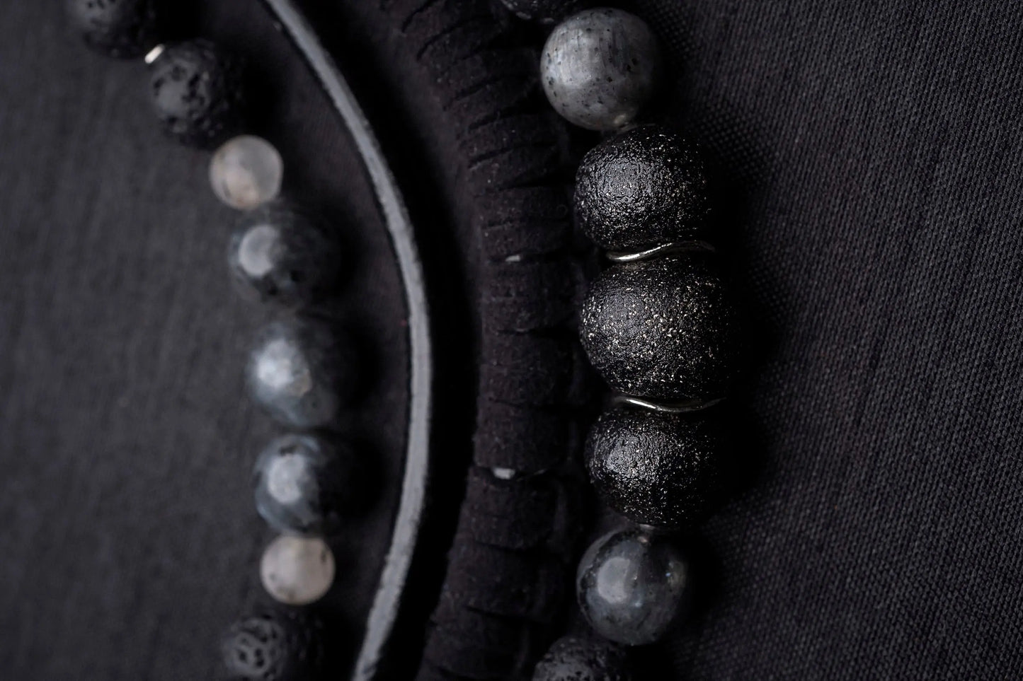 Black labradorite bead and leather bib necklace Vika Studio