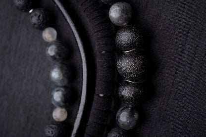 Black labradorite bead and leather bib necklace Vika Studio