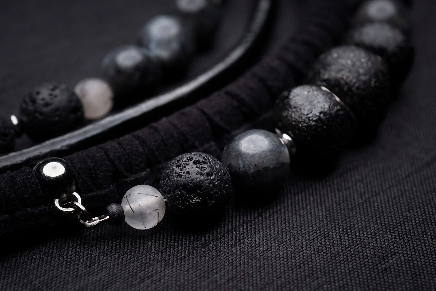 Black labradorite bead and leather bib necklace Vika Studio
