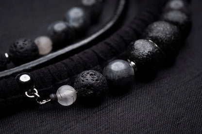 Black labradorite bead and leather bib necklace Vika Studio