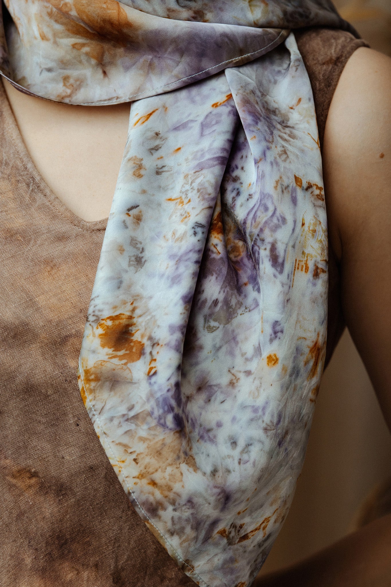 close up of botanical dye silk scarf