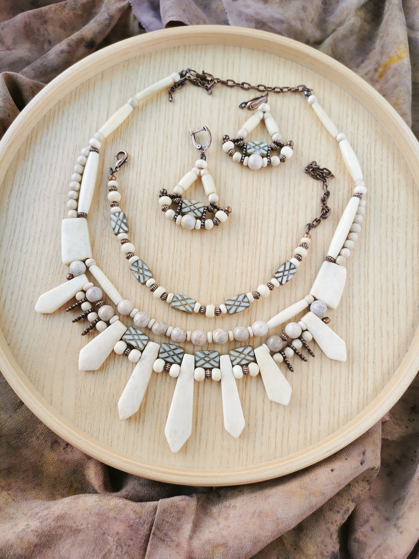 Ethno bone bead jewelry set Vika Studio