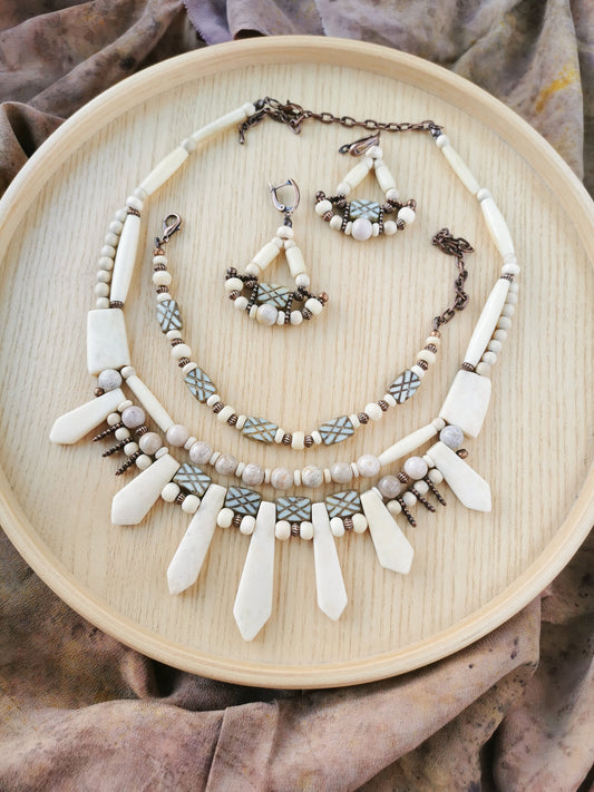 Ethno bone bead jewelry set Vika Studio