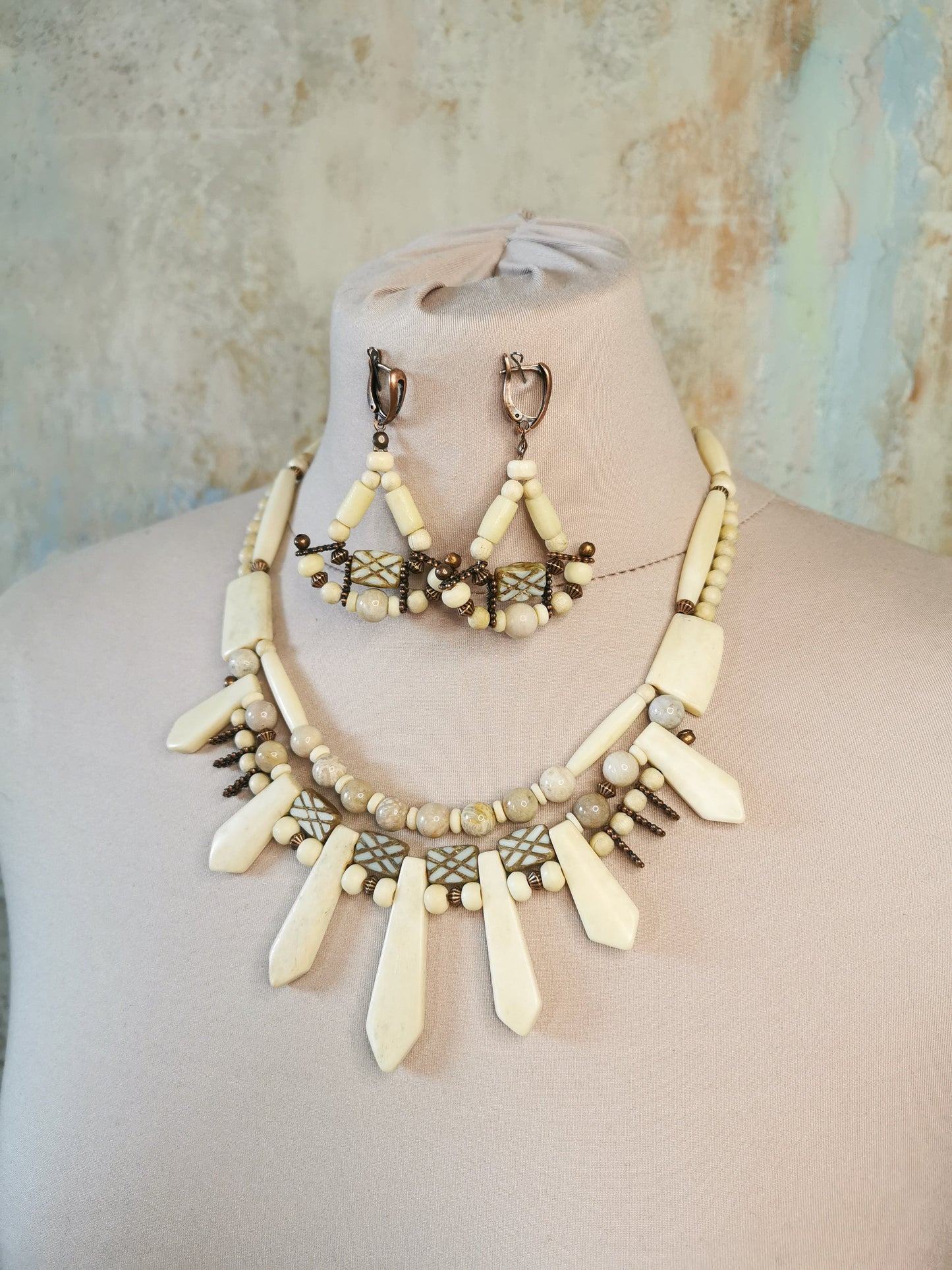 Ethno bone bead jewelry set Vika Studio