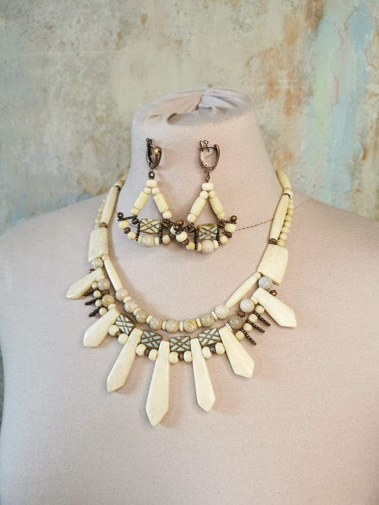 Ethno bone bead jewelry set Vika Studio