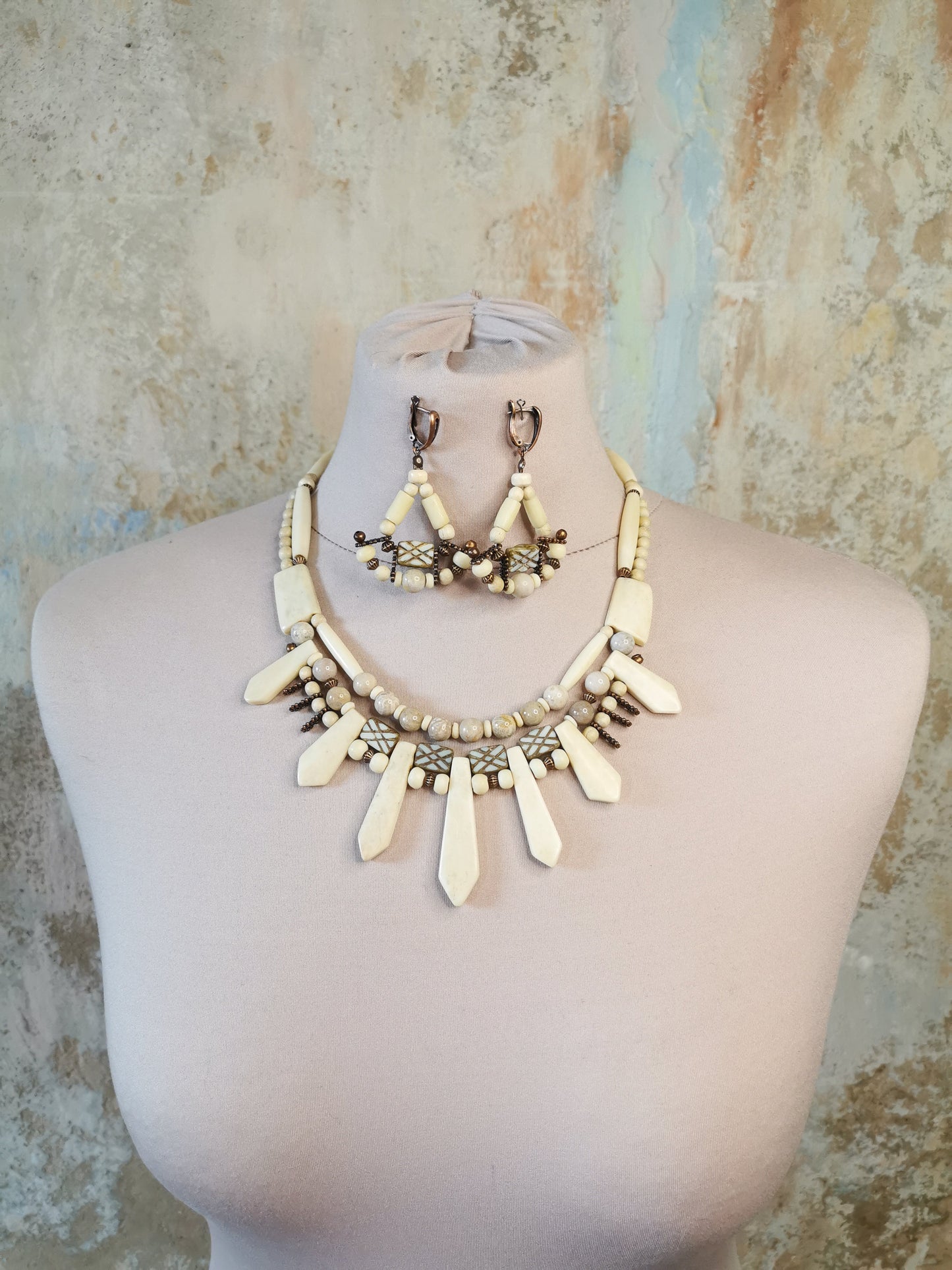 Ethno bone bead jewelry set Vika Studio