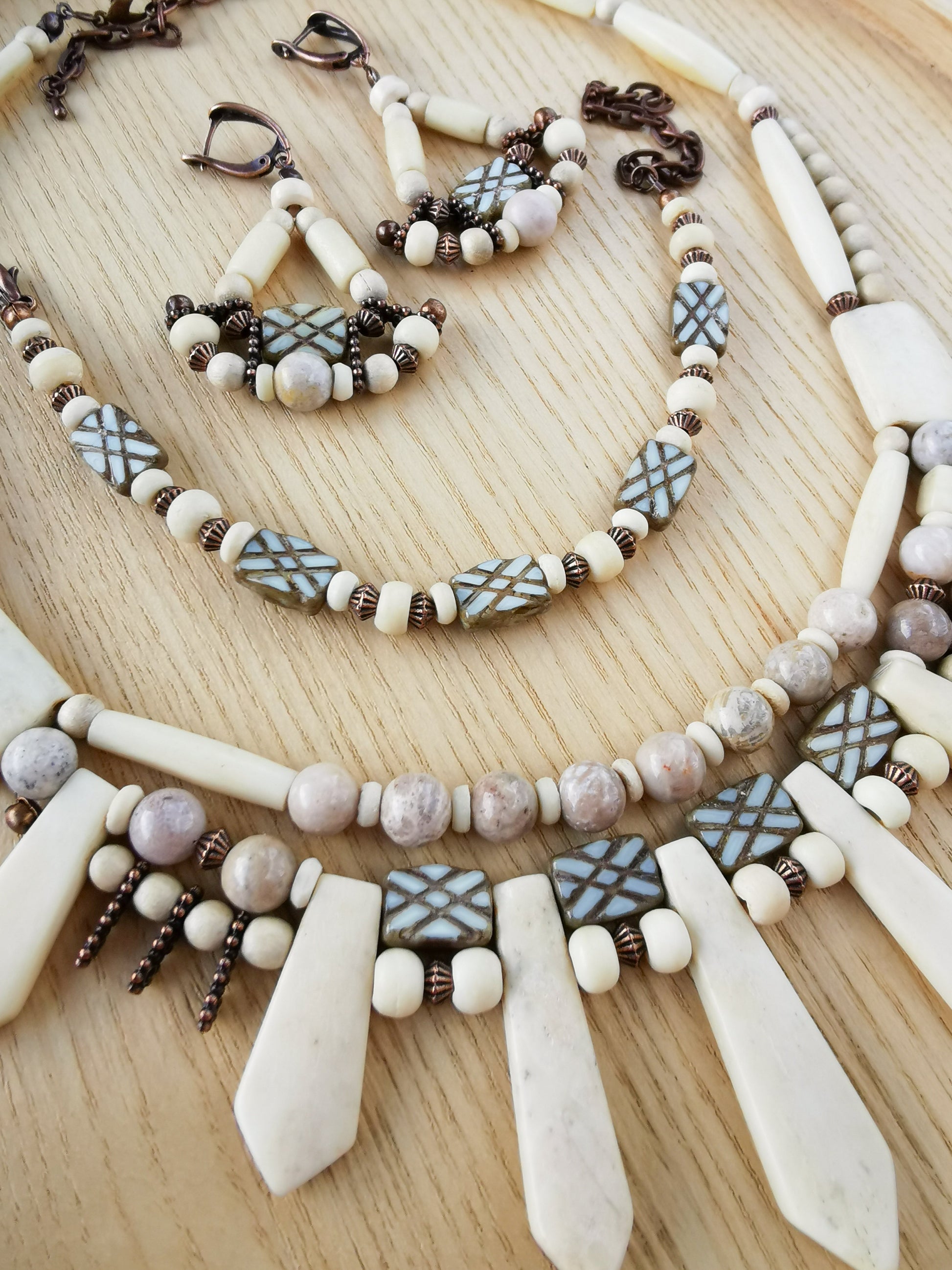 Ethno bone bead jewelry set Vika Studio