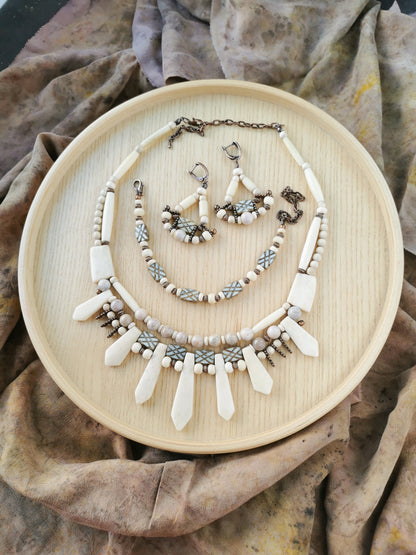 Ethno bone bead jewelry set Vika Studio