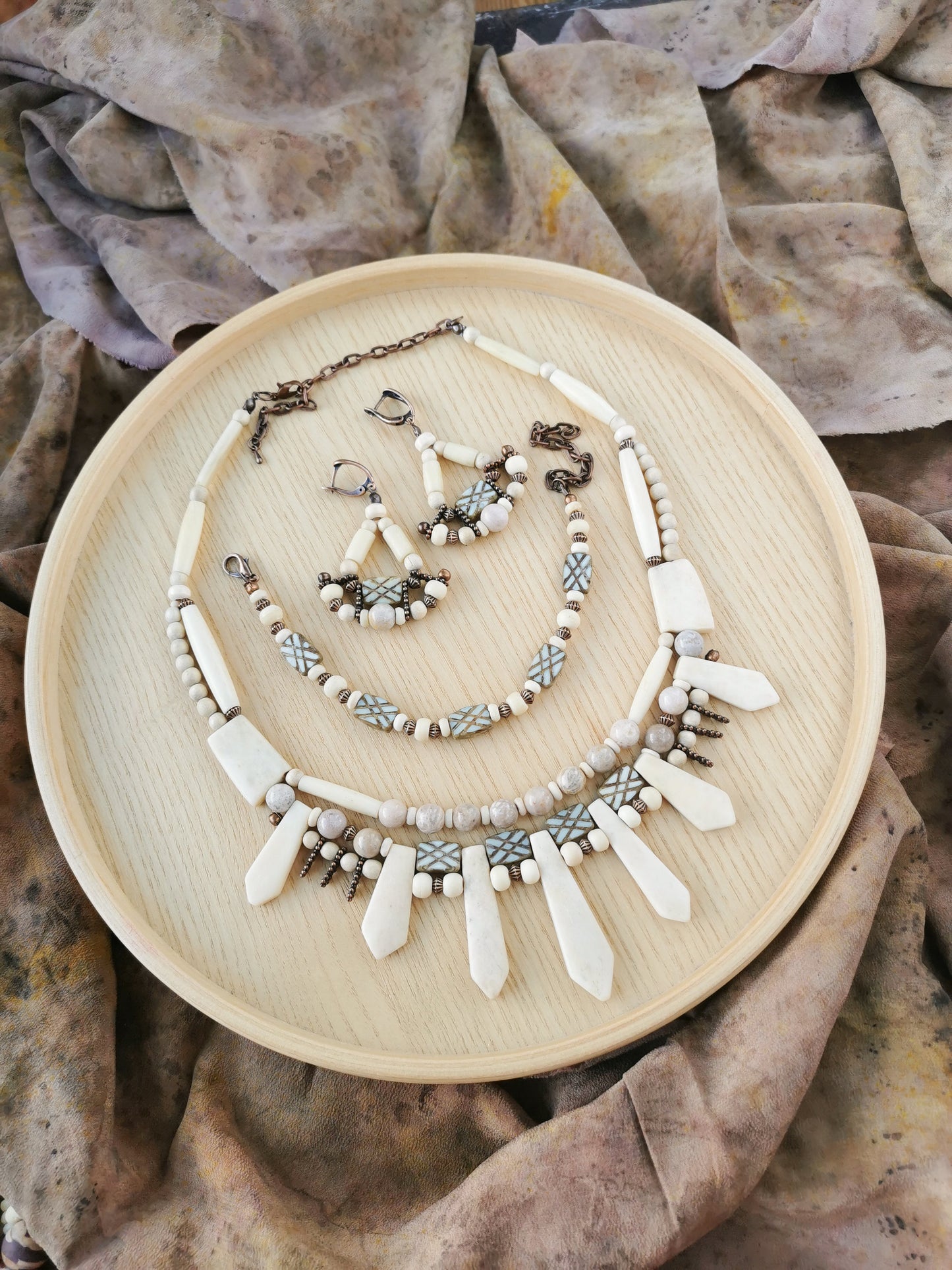 Ethno bone bead jewelry set Vika Studio